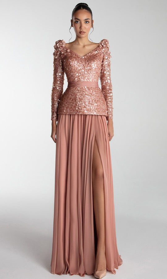 Gatti Nolli Couture OP-7720 - V-Neck Sequin Chiffon Evening Gown