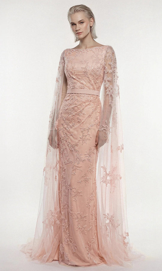 Gatti Nolli Couture OP-7877 - Embroidered Tulle Cape Sleeve Gown