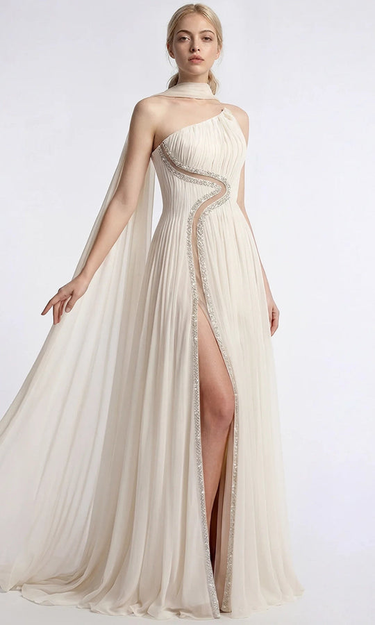 Gatti Nolli Couture OP-7920 - Asymmetric Pleated Gown with Cape Train