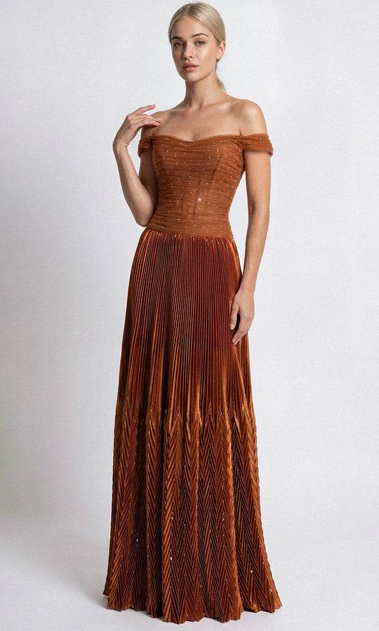 Gatti Nolli Couture OP-7862 - Chevron Pleated Skirt Off Shoulder Gown