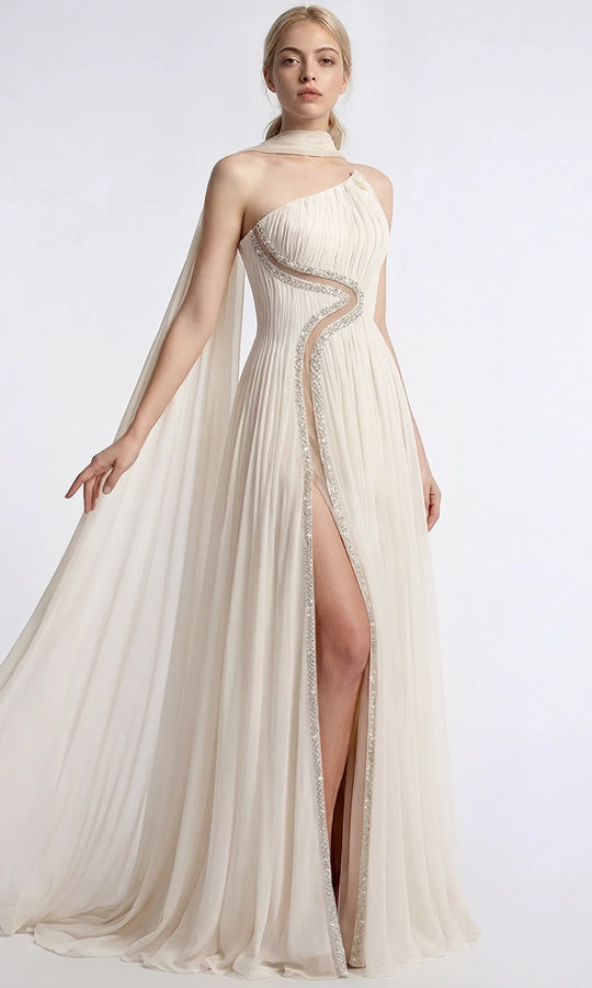 Gatti Nolli Couture OP-7920 - Asymmetric Pleated Gown with Cape Train