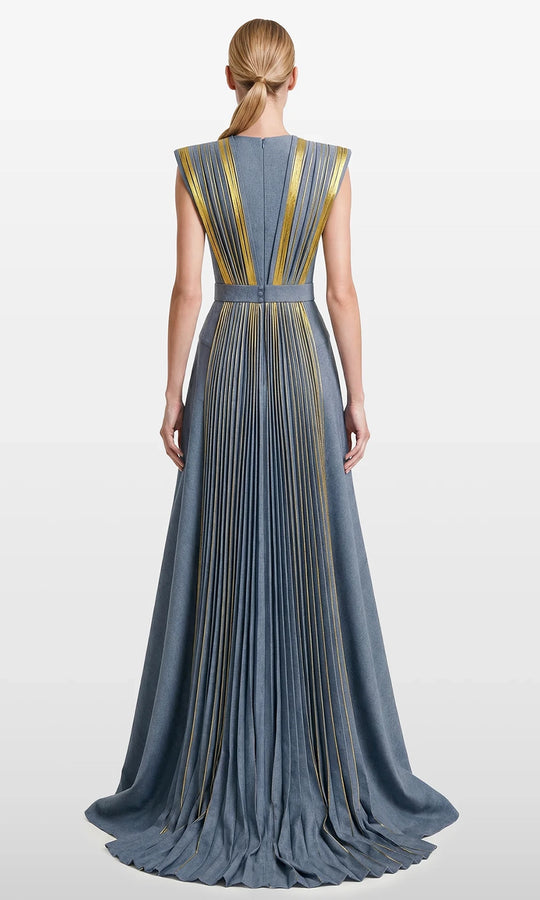 Gatti Nolli Couture OP-7874 - V-Neckline Metallic Pleated Evening Gown