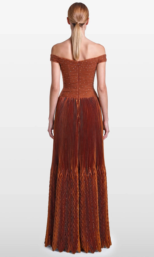 Gatti Nolli Couture OP-7862 - Chevron Pleated Skirt Off Shoulder Gown