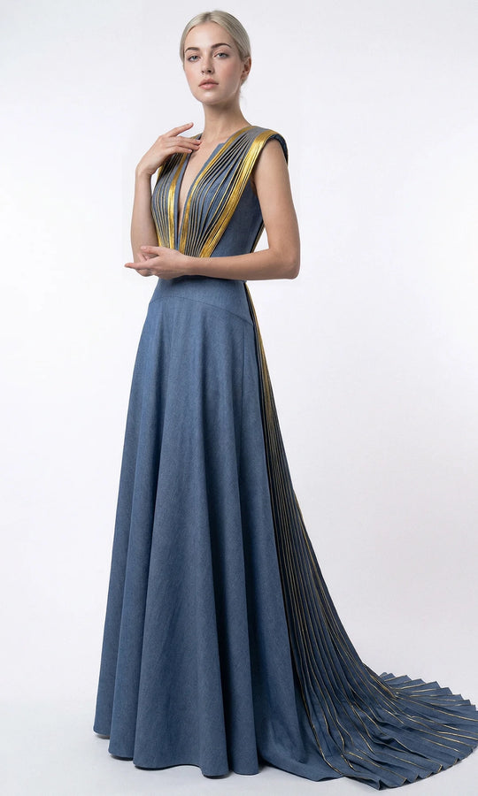 Gatti Nolli Couture OP-7874 - V-Neckline Metallic Pleated Evening Gown
