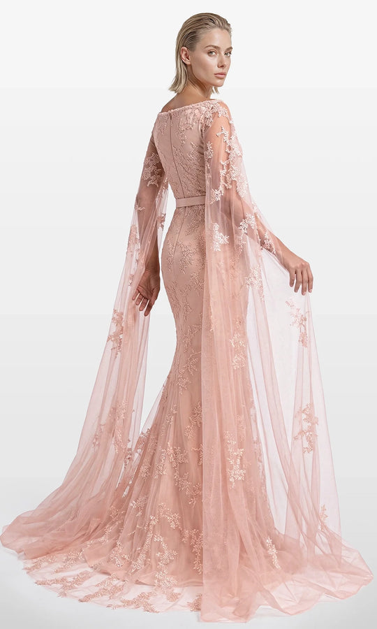Gatti Nolli Couture OP-7877 - Embroidered Tulle Cape Sleeve Gown