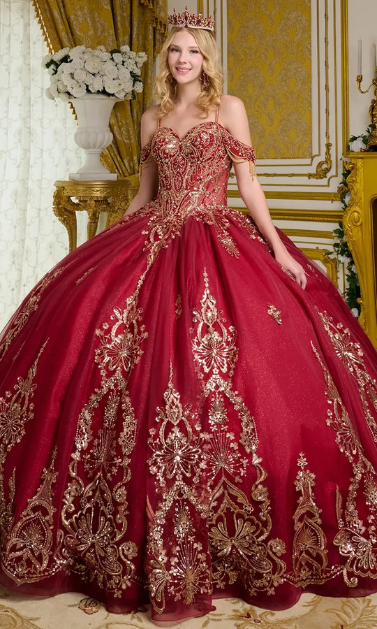 Elizabeth K GL3639 - Cold Shoulder Beaded Applique Ballgown