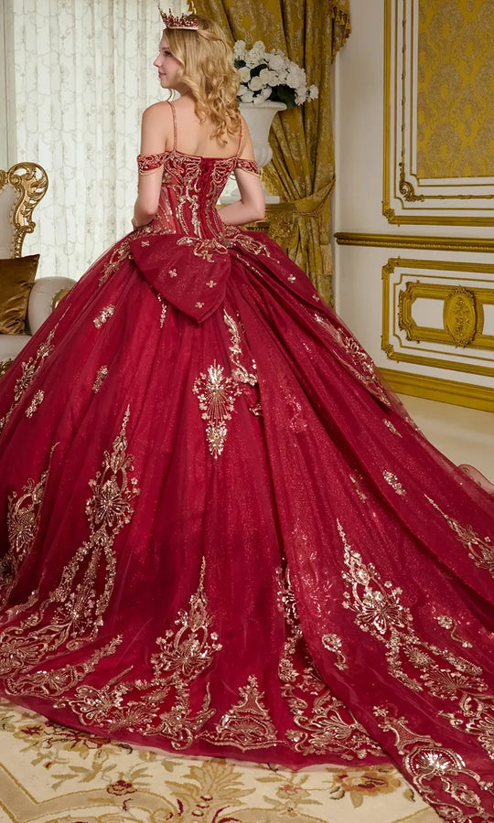 Elizabeth K GL3639 - Cold Shoulder Beaded Applique Ballgown
