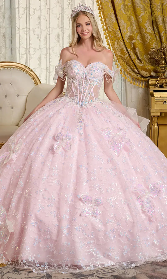 Elizabeth K GL3651 - Off Shoulder Butterfly Applique Ballgown