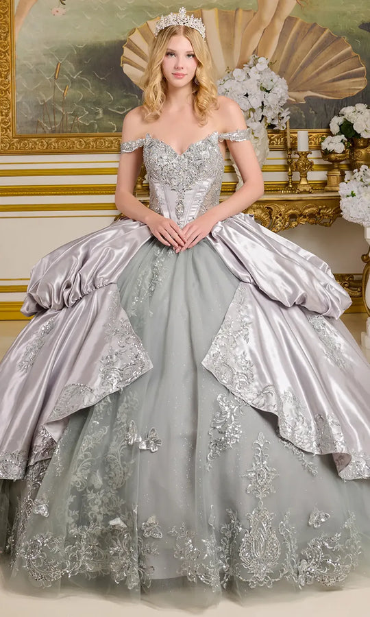 Elizabeth K GL3652 - Butterfly Applique Satin Overlay Ballgown