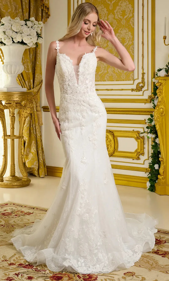 GLS by Gloria Bridal GL3658 - Plunging V-Neck Embroidered Lace Gown