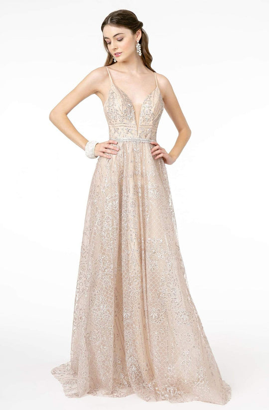 GLS by Gloria - GL2915 Deep V-Neck Glitter Mesh A-Line Dress