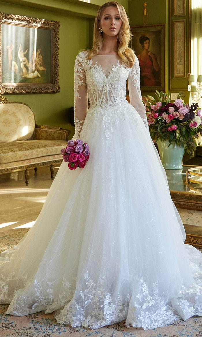mesh long sleeve wedding dress Sheer Floral Lace Wedding Dress with Long Sleeves