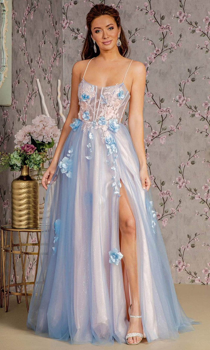 GLS by Gloria GL3250 - Sleeveless 3D Floral A-Line Prom Gown Prom Dresses XS / Blue/Peach