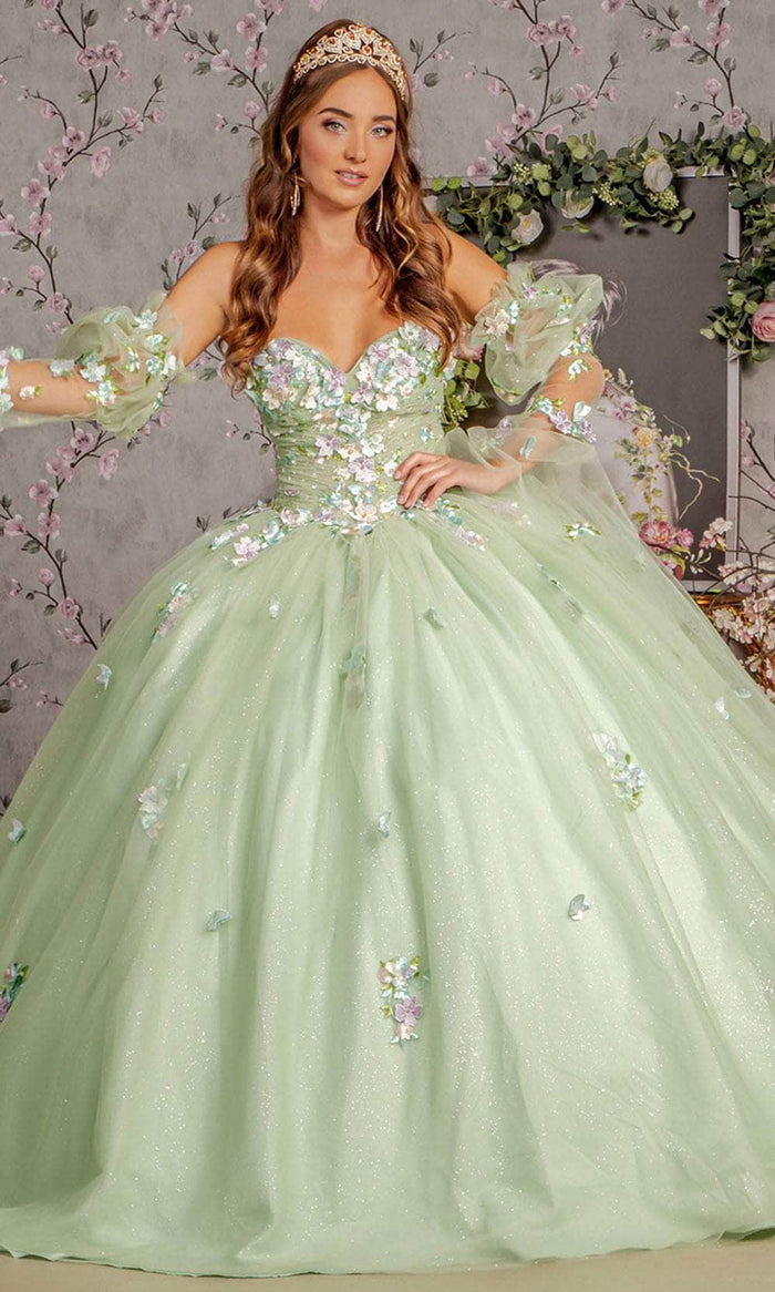 GLS by Gloria GL3300 - Ruched Bodice 3D Floral Embellished Ballgown Ball Gowns XS / Sage