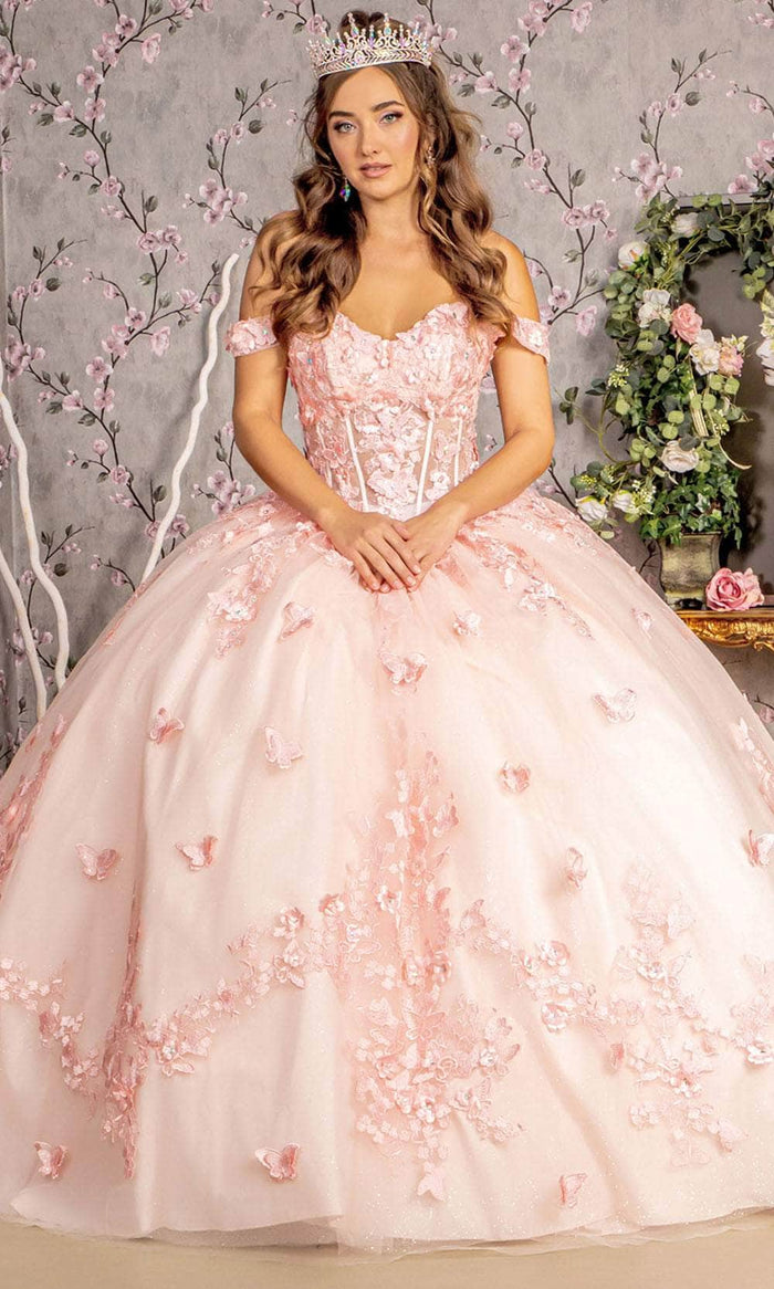 GLS by Gloria GL3301 - 3D Floral Embellished Off-Shoulder Ballgown Ball Gowns XS / Blush