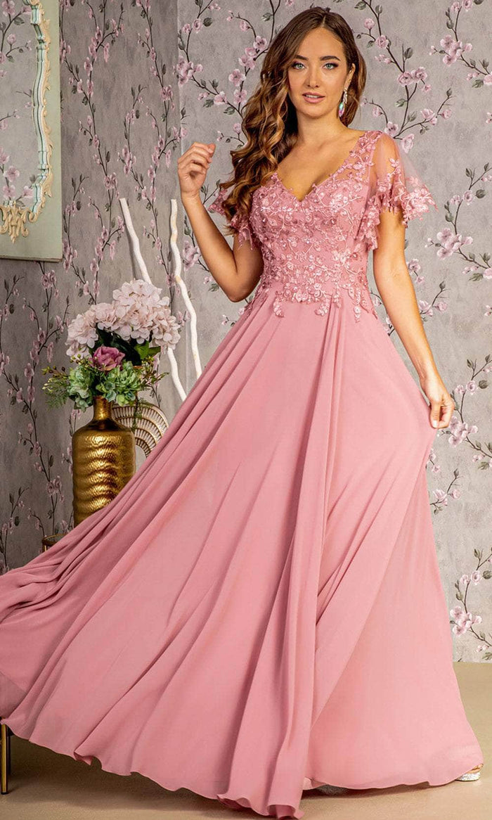GLS by Gloria GL3352 - V-Neck Floral Formal Dress Special Occasion Dress S / D/Rose