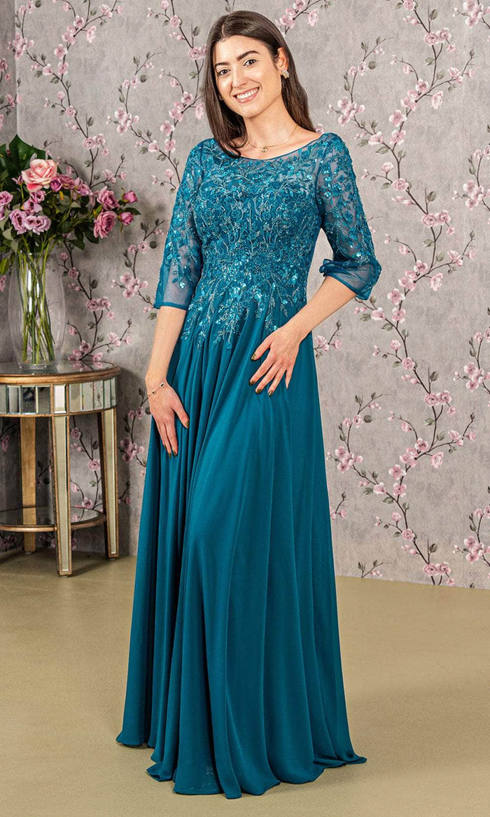 GLS by Gloria GL3447 - Embroidered Bateau Neck Prom Gown Prom Dresses S / Teal