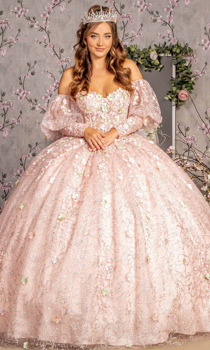 GLS by Gloria GL3466 - Applique Embellished Long Puff Sleeve Ballgown Ball Gowns XS / Blush