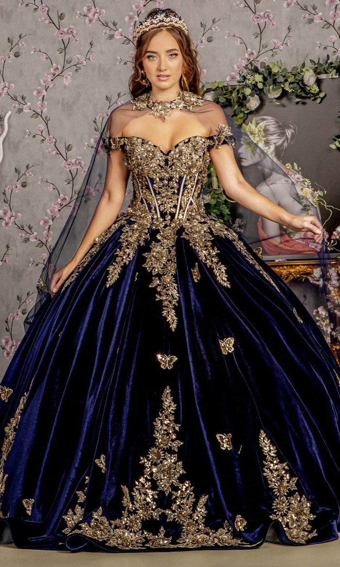 GLS by Gloria GL3471 - Off-Shoulder Applique Embellished Ballgown Ball Gowns XS / Navy