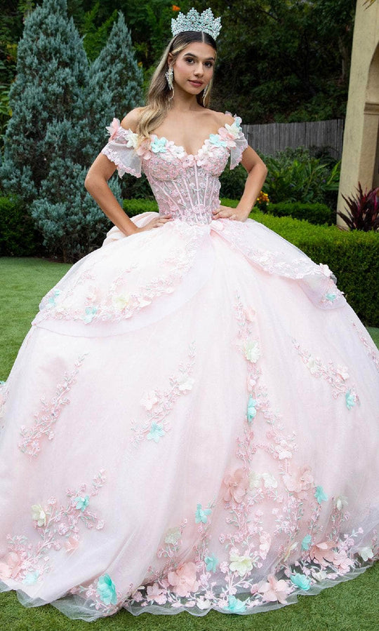 GLS by Gloria GL3554 - Multicolor Flower Applique V-Neck Ballgown