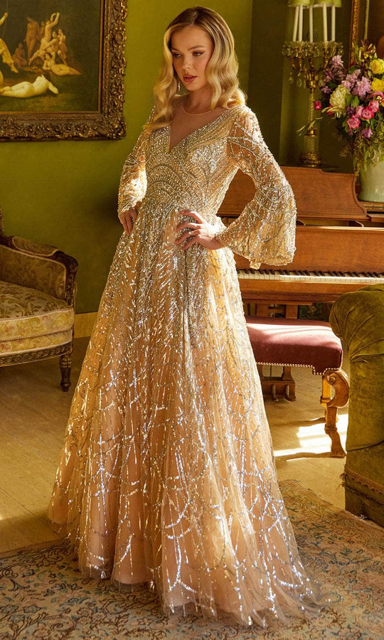 GLS by Gloria GL3582 - Bell Sleeve Embellished V-Neck Evening Gown