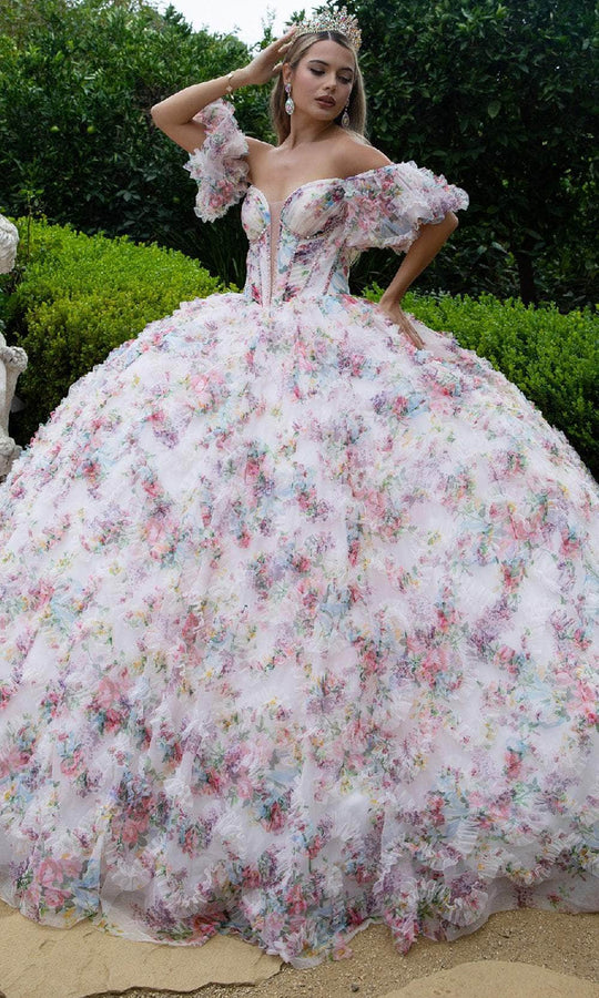 GLS by Gloria GL3609 - Plunging V-Neck Ruffle Floral Ballgown