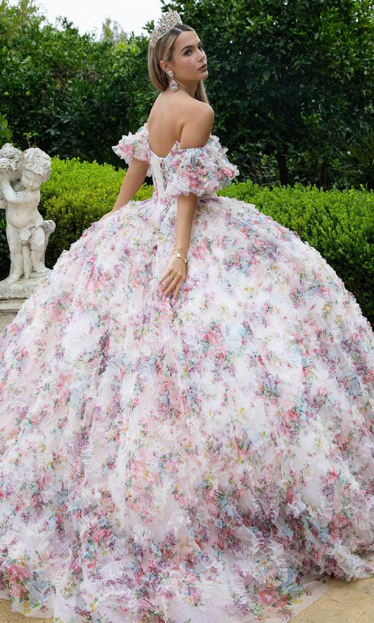 GLS by Gloria GL3609 - Plunging V-Neck Ruffle Floral Ballgown
