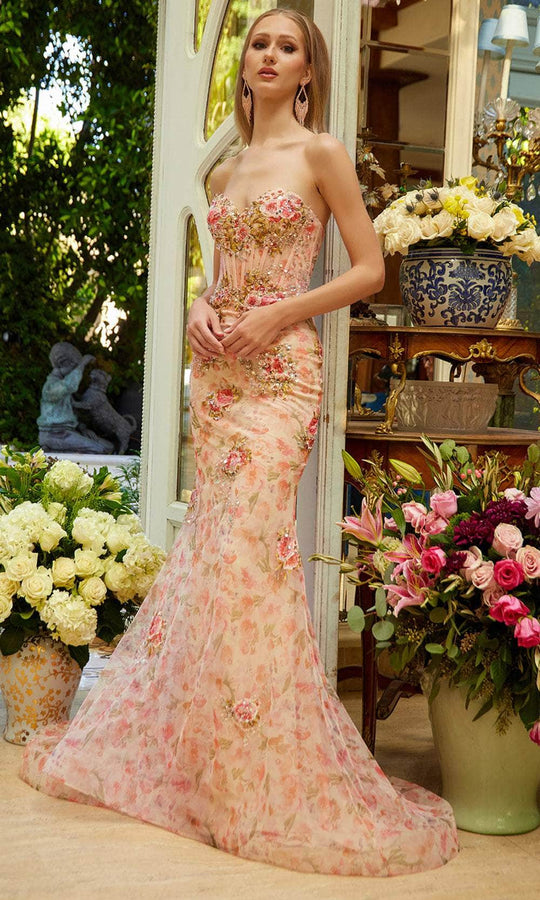 GLS by Gloria GL3627 - Strapless Flower Applique Prom Gown