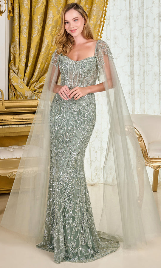 GLS by Gloria GL3704 - Intricate Beaded Formal Gown with Mesh Cape