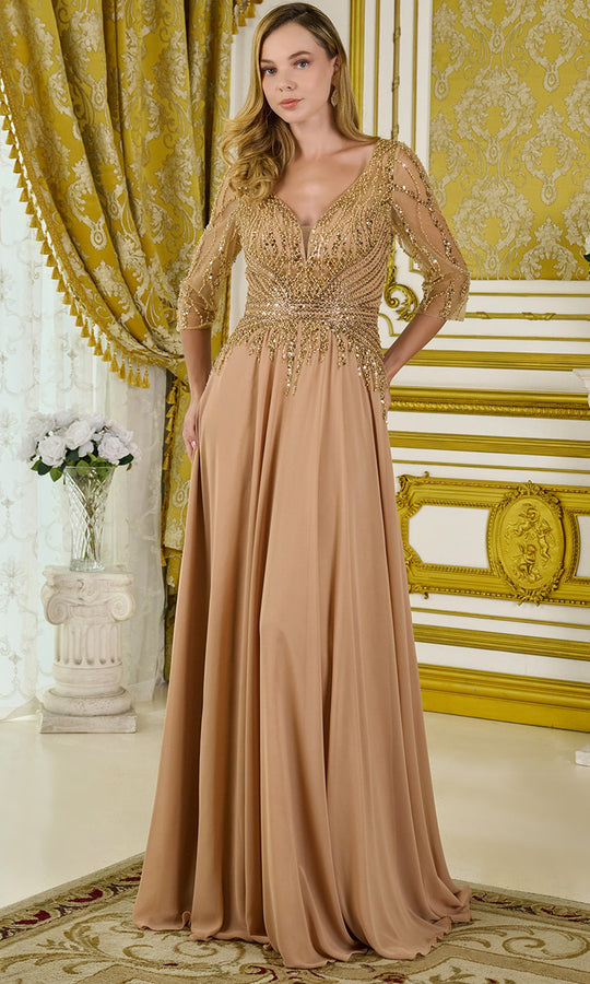 GLS by Gloria GL3796 - Illusion Sleeve A-Line Formal Gown with Beading