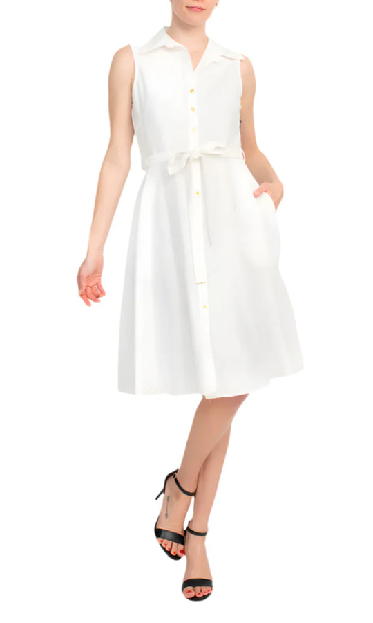 Sharagano HW3S196297 - Sleeveless Collared V-Neck Dress with Belt