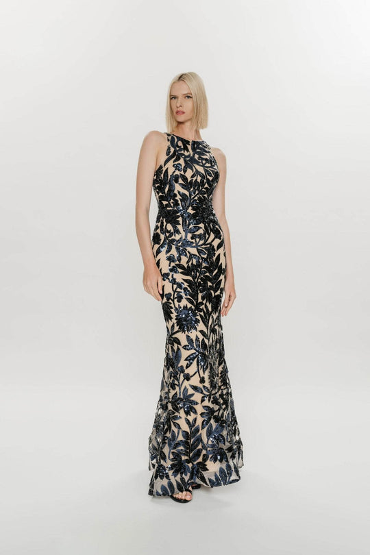 Hynes Park M627 - Floral Sequin Halter Sheath Gown