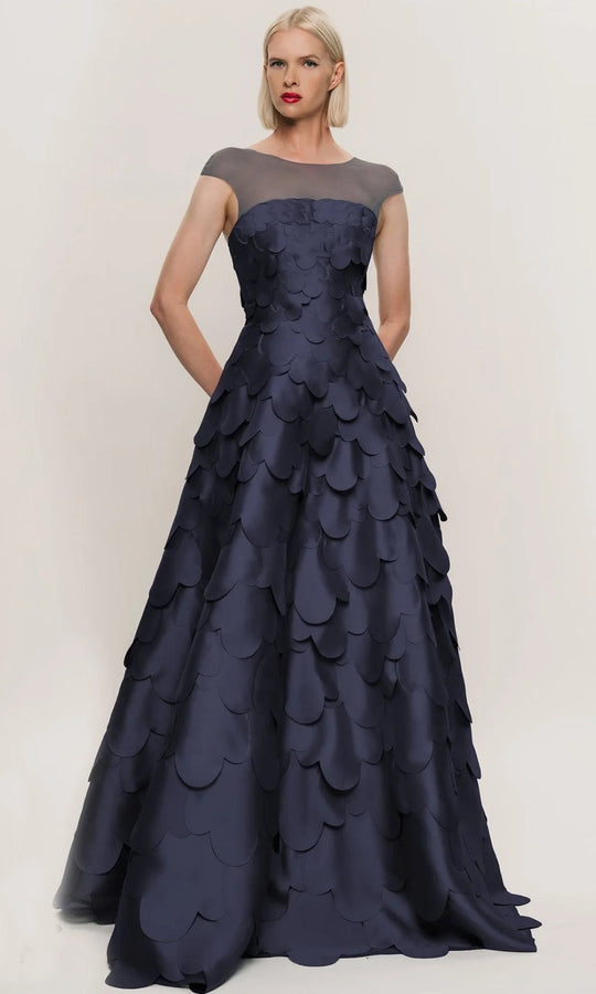 Hynes Park M693 - Petal Applique Illusion Neckline Dress