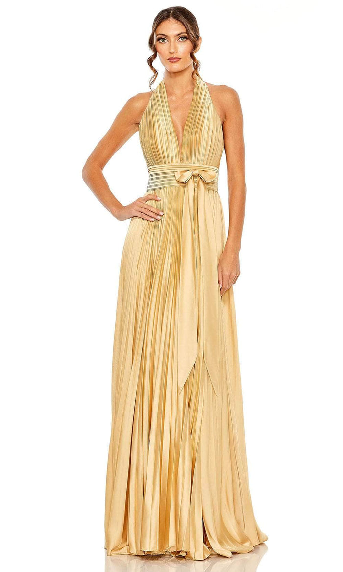 Ieena Duggal 11636 - Pleated Halter Evening Gown Special Occasion Dress 2 / Gold