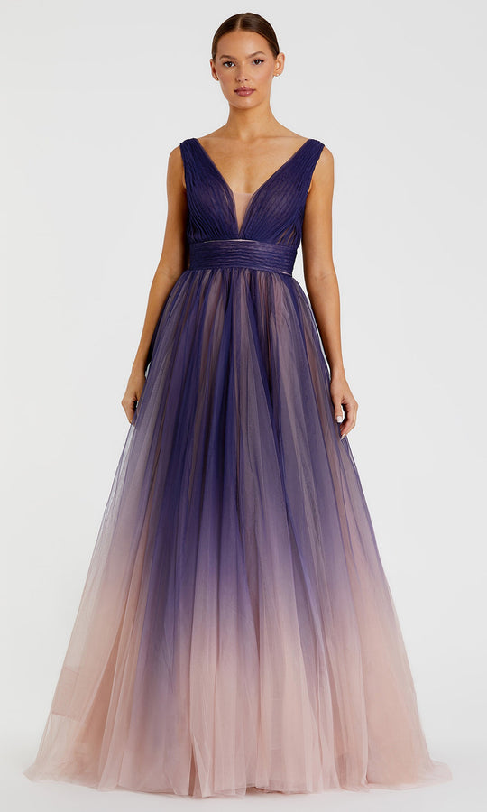 Ieena Duggal - 20221I Plunging V-Neck Pleated Ombre Gown