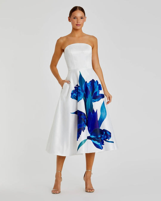 Ieena Duggal 21075 - Straight Neckline Floral Satin Midi Dress