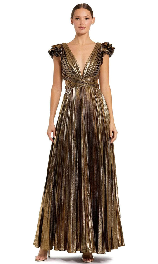 Ieena Duggal 27166 - Flutter Sleeve Metallic Dress Evening Dresses 0 / Antique Gold