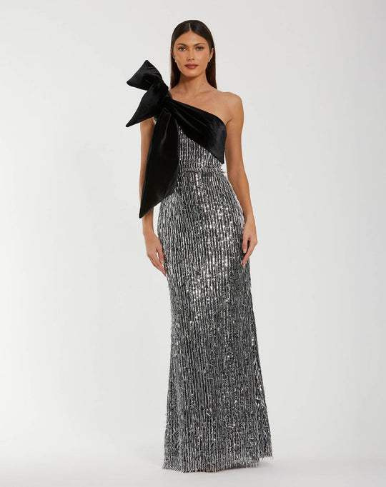 Ieena Duggal 27690 - One Shoulder Sequin Dress with Velvet Bow