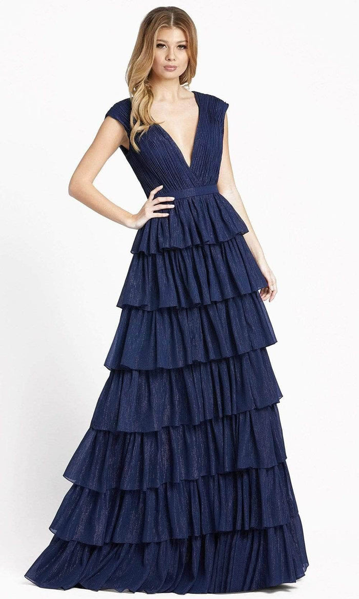 Ieena Duggal - 49287 V Neck A-Line Dress Prom Dresses 0 / Midnight Blue