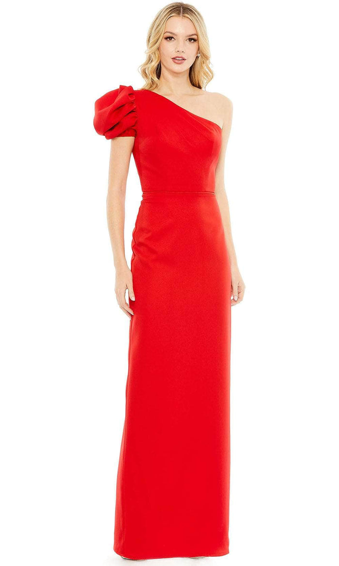 Ieena Duggal 49630 - Asymmetrical Neckline One Ruffled Sleeve Dress Prom Dresses 0 / Red