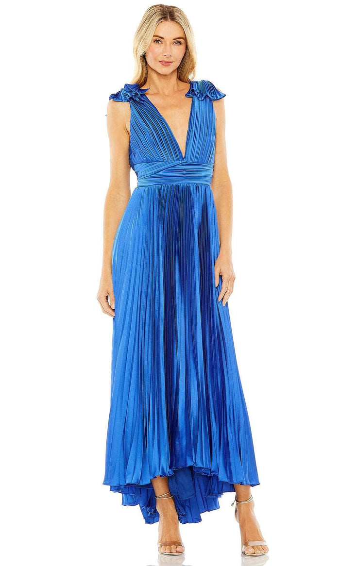 Ieena Duggal 49734 - V-Neck Pleated High Low Prom Gown Prom Dresses 2 / Cobalt