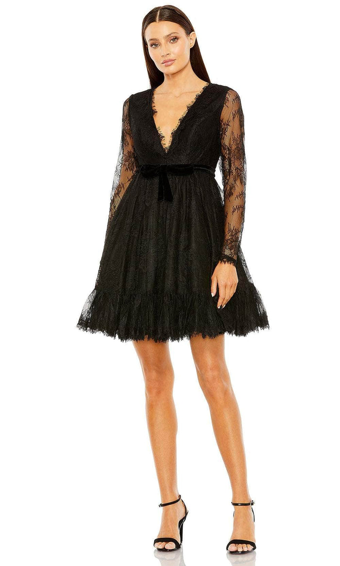Ieena Duggal 49794 - Lace Deep V-Neck Cocktail Dress Cocktail Dresses 0 / Black
