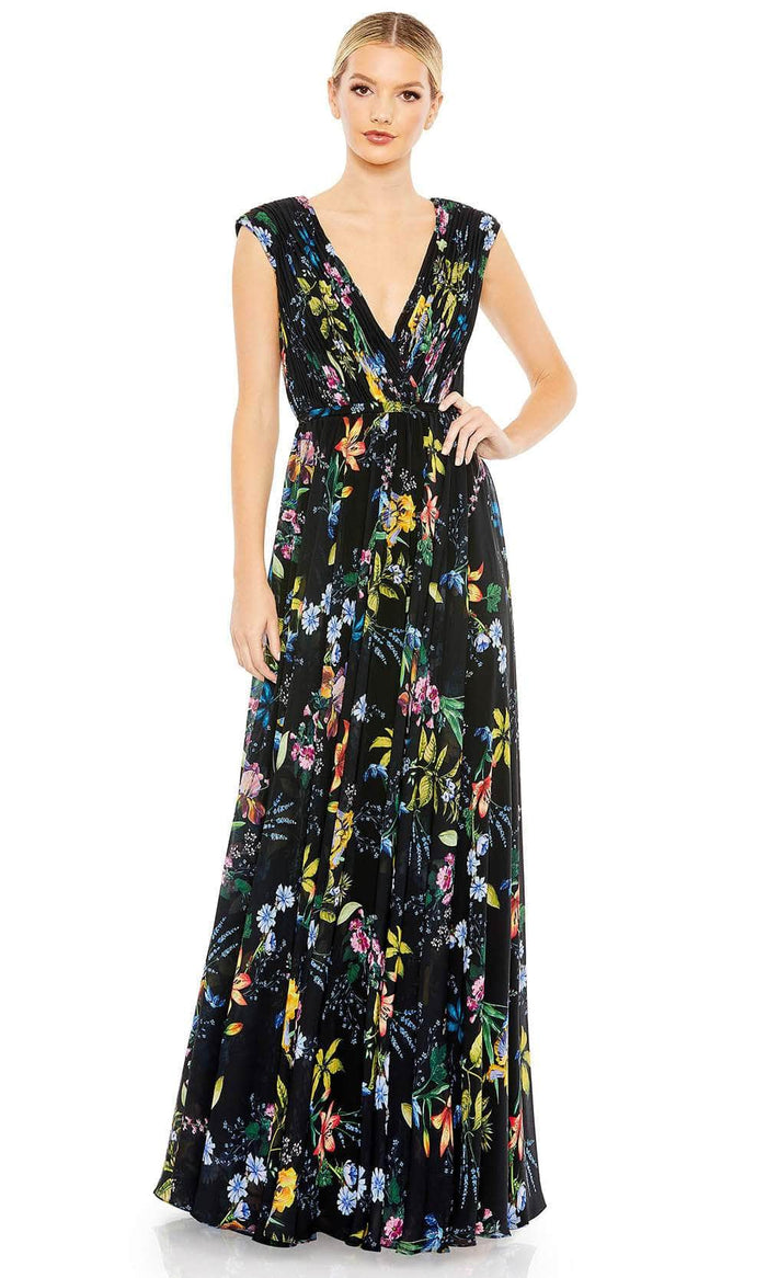 Ieena Duggal 55829 - Pleated Floral Evening Gown Special Occasion Dress 2 / Black Multi