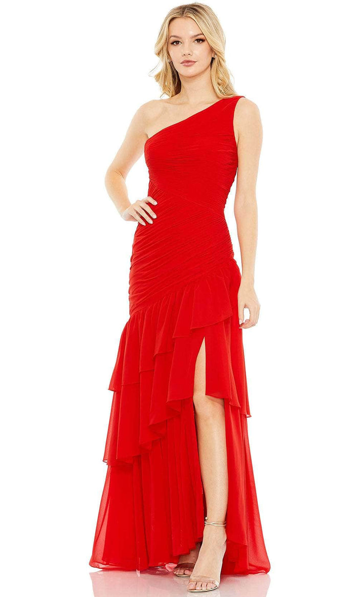Ieena Duggal 55908 - One-Sleeve Ruffled Asymmetrical Hem Prom Dress Prom Dresses 2 / Red