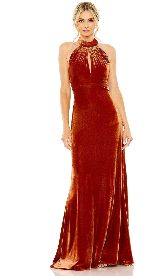 Ieena Duggal 55954 - Halter Tie Velvet Prom Gown Special Occasion Dress 0 / Spice