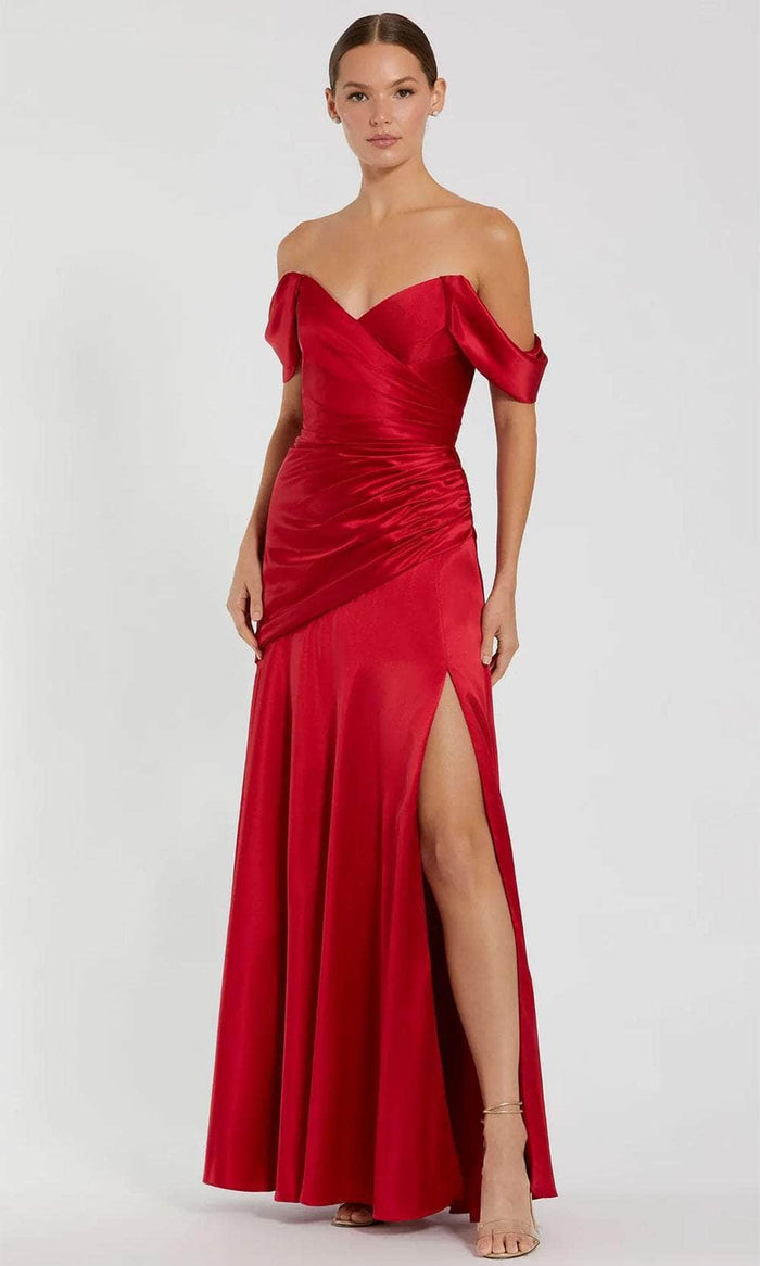 Ieena Duggal 56037 - Long Satin Sheath Dress - Off-Shoulder, Ruched Detail, High Slit, Back Zipper Closure Couture Candy Ieena Duggal 56037 - Long Satin Sheath Dress - Off-Shoulder, Ruched Detail, High Slit, Back Zipper Closure Couture Candy