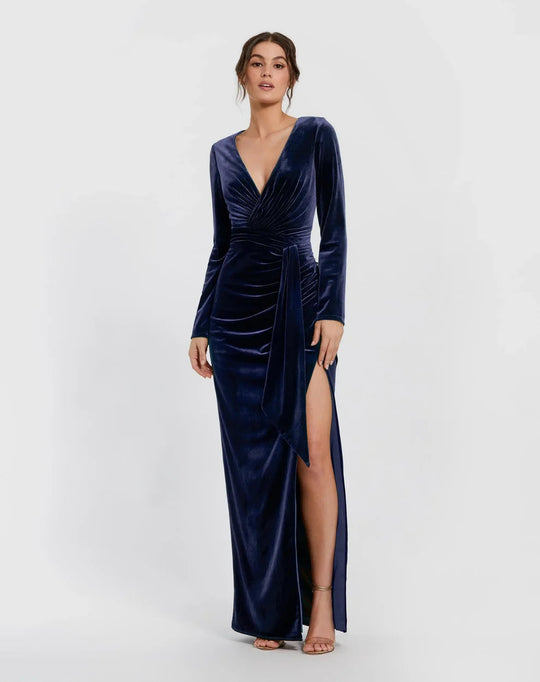 Ieena Duggal 56143 - Velvet Plunging V-Neck Gown with Sash