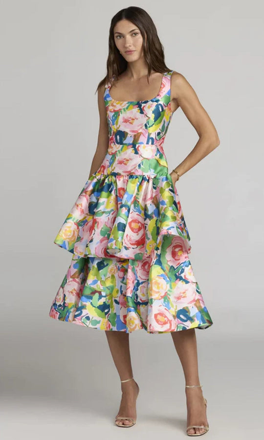 Ieena Duggal 56414 - Square Neck Multicolor Floral Midi Dress