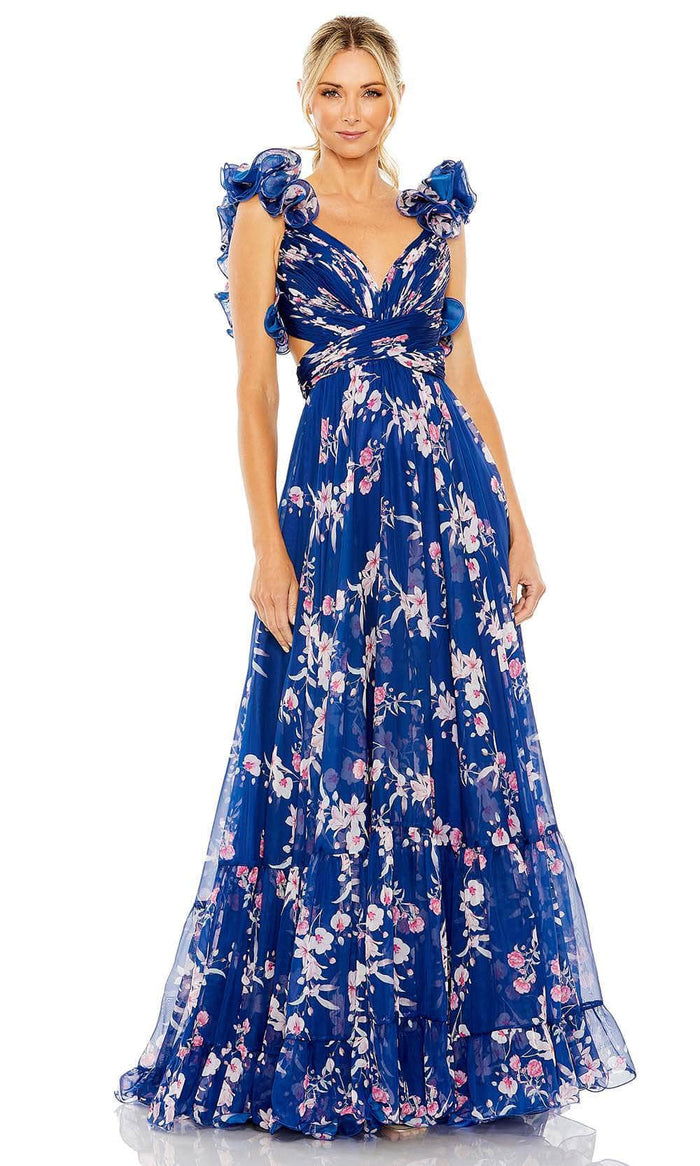 Ieena Duggal 68520 - Ruffle Detailed Sleeve A-line Long Dress Prom Dresses 0 / Blue Multi