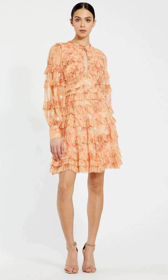 Ieena Duggal 8094 - Ruffled Long Sleeve A-Line Cocktail Dress Homecoming Dresses 0 / Peach Multi